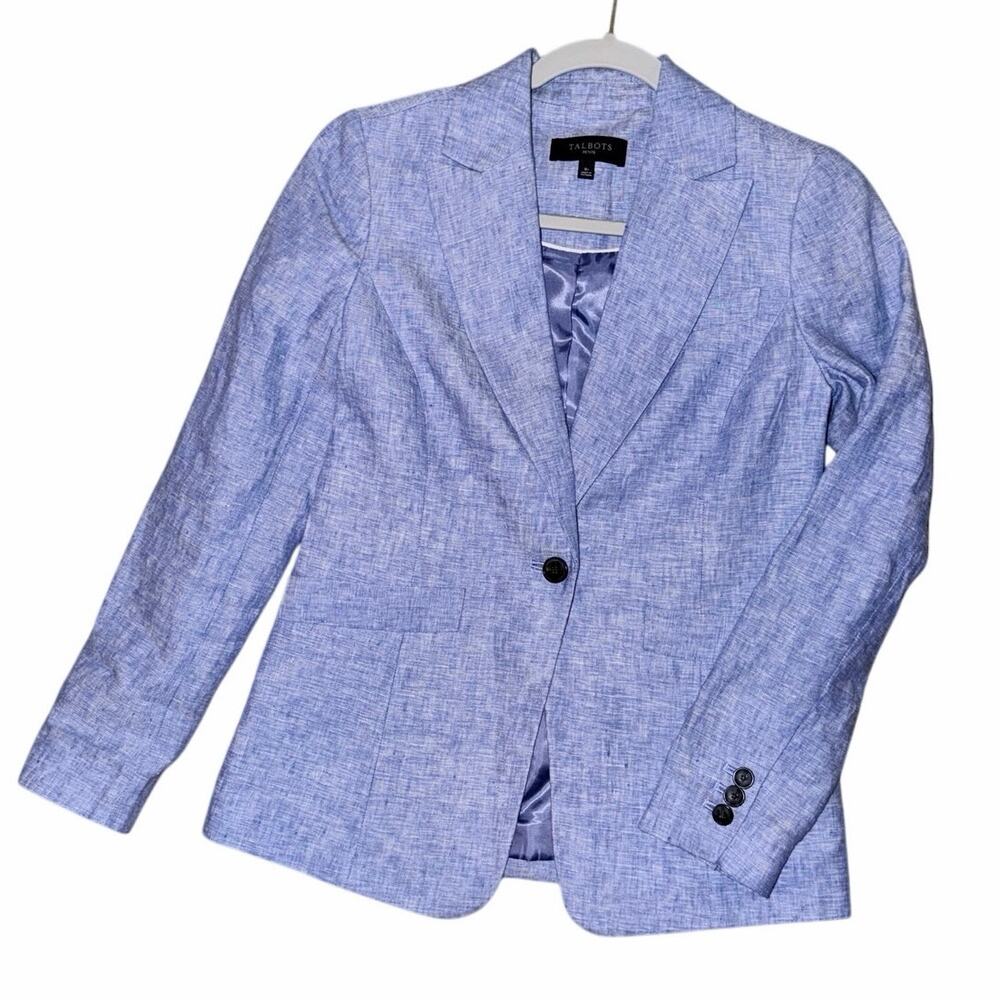 Talbots linen blue chambray one button front blazer jacket size 0 petite career